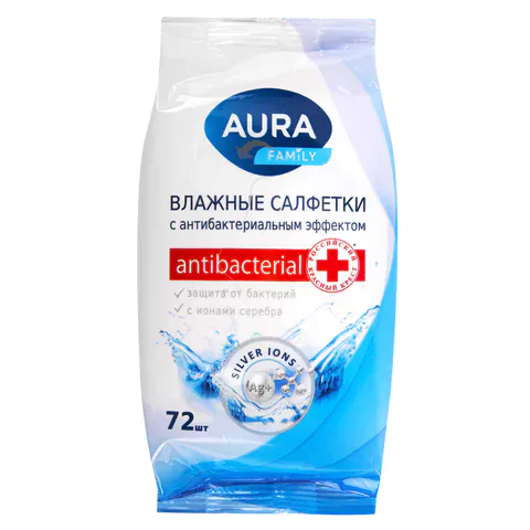 Салфетки влажные, 72 шт., AURA Family, антибактериальные, для всей семьи, 7044