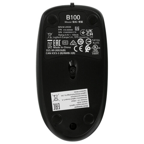 Мышь проводная LOGITECH B100, USB, 2 кнопки + 1 колесо-кнопка, оптическая, черная