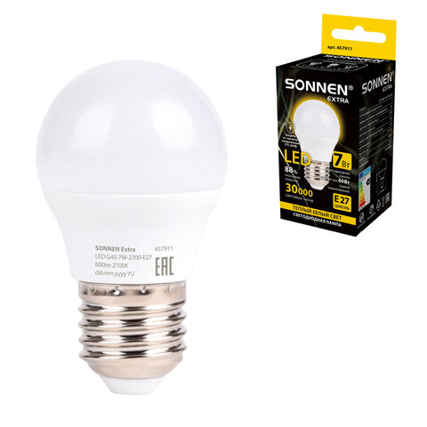 Лампа светодиодная SONNEN EXTRA, 7 (60) Вт, E27, шар, теплый белый, 30000 ч, LED G45-7W-2700-Е27, 457911