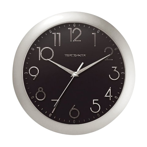 Часы настенные TROYKA 11170182, круг, черные, серебристая рамка, 29х29х3,5 см - 1