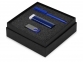 Подарочный набор On-the-go с флешкой, ручкой и зарядным устройством, синий, ручка шариковая - пластик, USB-флешка - пластик с покрытием soft-touch\металл, портативное зарядное устройство - пластик - 1