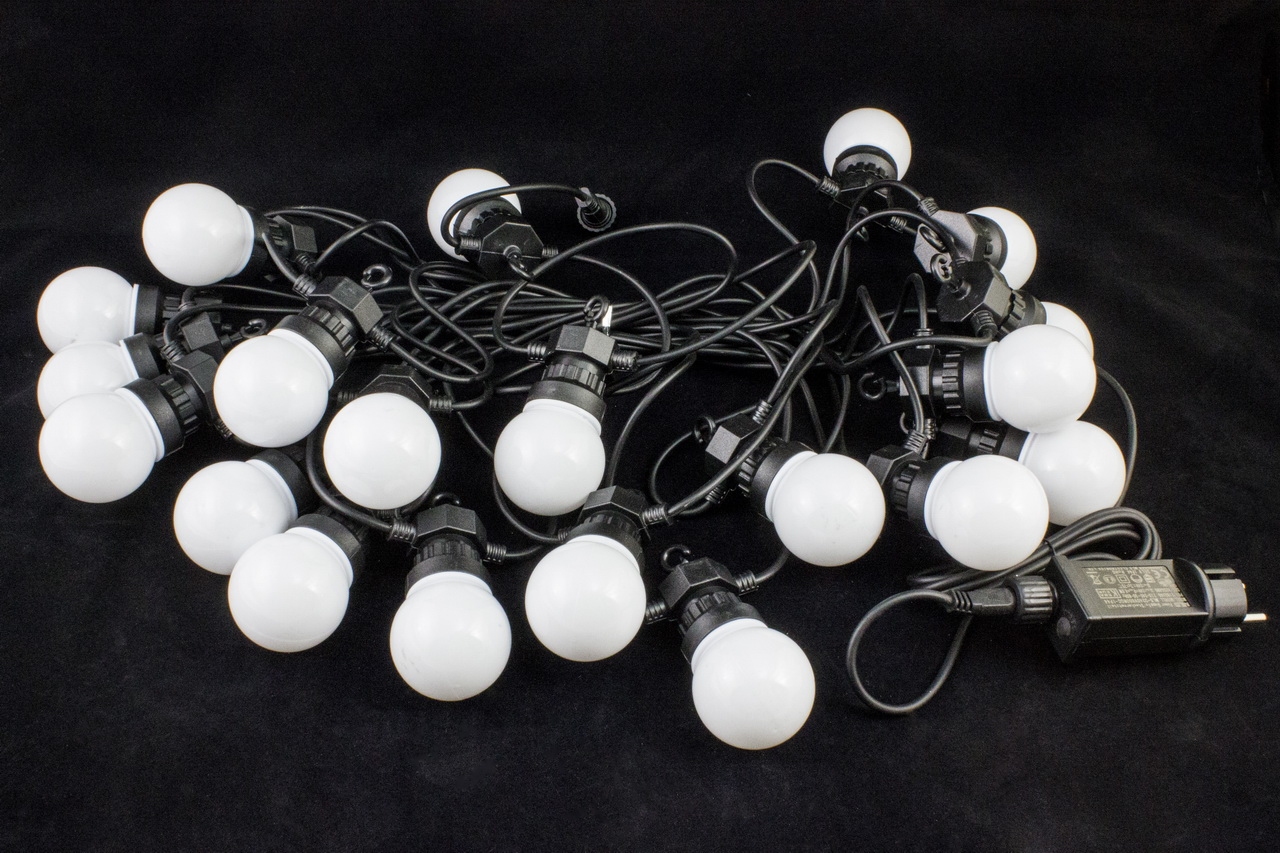 Нить-шарик 5 см, RGB, 20 LED, Тепло-белый 11м, каучуковый черный провод 3мм, соединяется, IP54 - 3