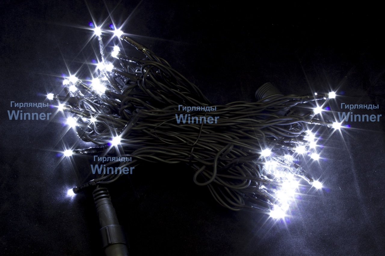 Шнурки для комплекта на деревья 66 LED, Белый 10 м, flash-w, черный провод, соединяется - 3