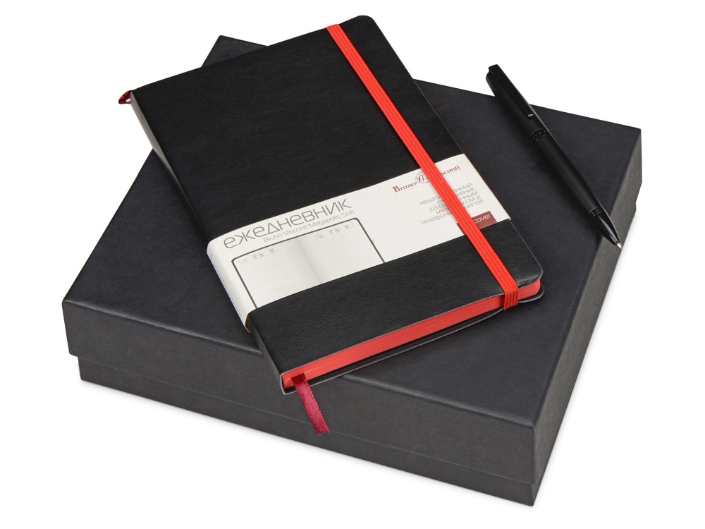 Подарочный набор «Megapolis Soft»: ежедневник А5 , ручка шариковая, ежедневник- черный/красный, ручка- черный, ежедневник- искусственная кожа, ручка- металл с покрытием silk-touch - 407553