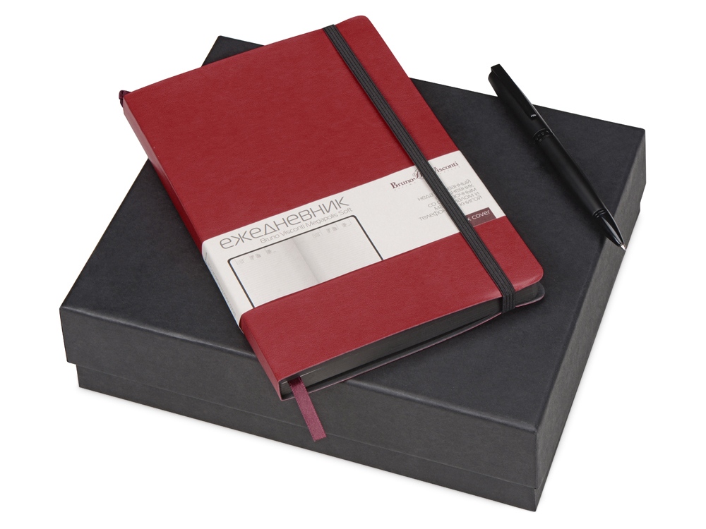 Подарочный набор «Megapolis Soft»: ежедневник А5 , ручка шариковая, ежедневник- бордовый/черный, ручка- черный, ежедневник- искусственная кожа, ручка- металл с покрытием silk-touch - 407555