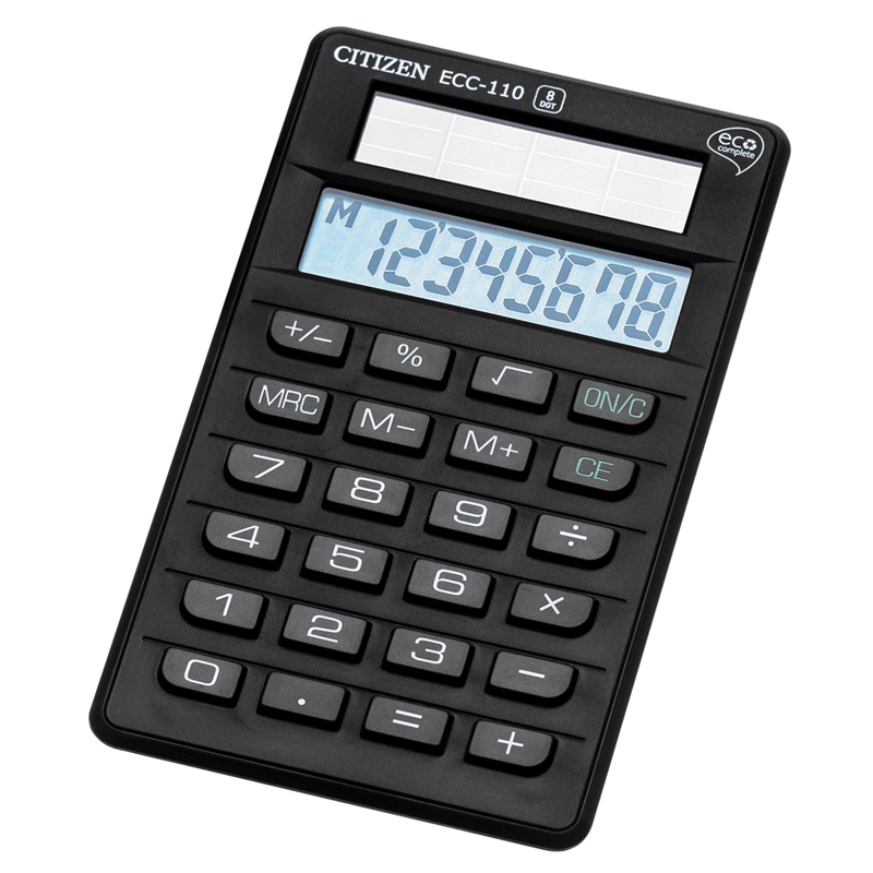 Калькулятор карманный Citizen ECC-110, 8 разрядный, солнечная батарея, 118*70*15, черный - 435359