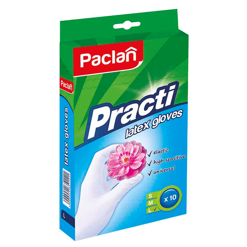 Перчатки латексные Paclan "Practi", L, 10шт., картон. коробка с европодвесом - 401133