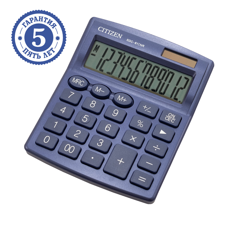 Калькулятор настольный Citizen SDC812NRNVE, 12 разр., двойное питание, 127*105*21мм, темно-синий