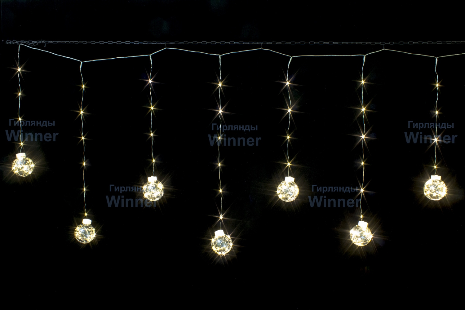 Бахрома шарики 8см, со светлячками,2,5х0,45х0,55м, 10 LED, Тепло-белый, пр-прозр, IP20
