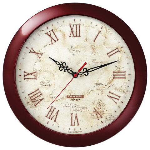 Часы настенные TROYKATIME (TROYKA) 11131150, круг, бежевые с рисунком "Карта", коричневая рамка, 29х29х3,5 см - 518654