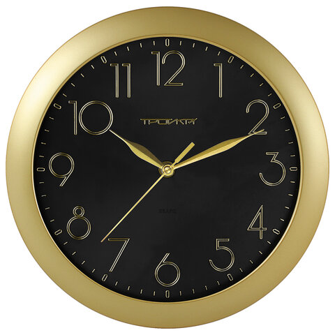 Часы настенные TROYKA 11171180, круг, черные, золотая рамка, 29х29х3,5 см - 518667