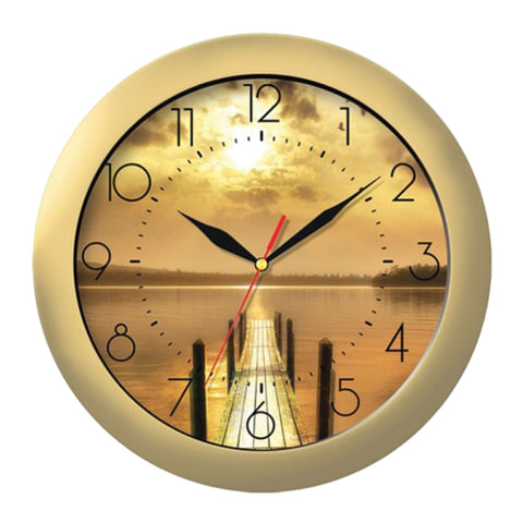 Часы настенные TROYKA 11171146, круг, с рисунком "Закат", золотая рамка, 29х29х3,5 см - 518659