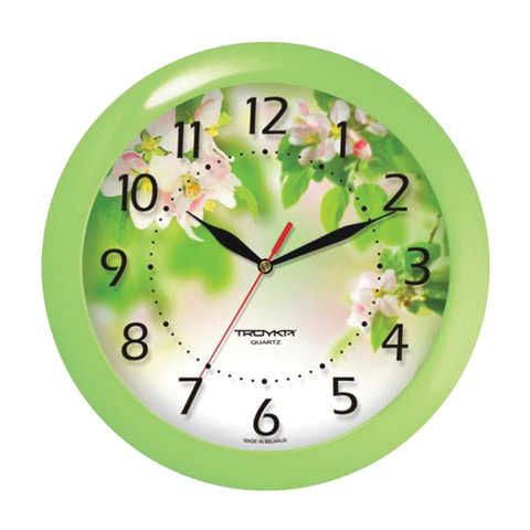 Часы настенные TROYKA 11121186, круг, белые с рисунком "Весна", зеленая рамка, 29х29х3,5 см - 518652