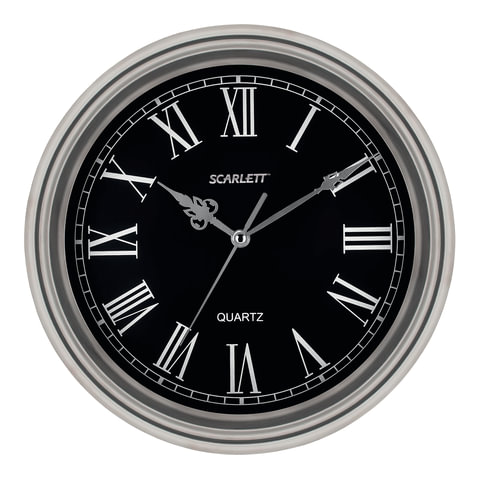 Часы настенные SCARLETT SC-27D, круг, черные, серебристая рамка, 33x33x5,2 см, SC - 27D - 518687