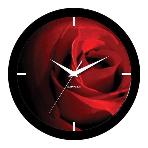 Часы настенные САЛЮТ П-Б6-400, круг, черные с рисунком "Роза", черная рамка, 28х28х4 см - 518686