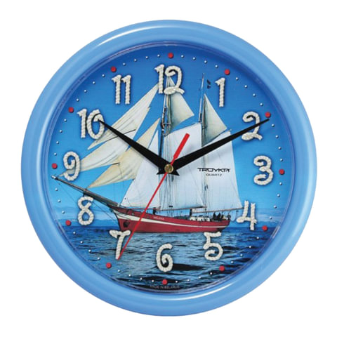 Часы настенные TROYKA 21241250, круг, голубые с рисунком "Парусник", голубая рамка, 24,5х24,5х3,1 см - 518678