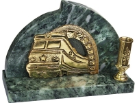 Настольный прибор «Поезд», латунь/бронза, натуральный камень змеевик