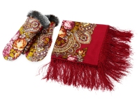 Подарочный набор: Павлопосадский платок, рукавицы, шерсть 100%, искусственный мех