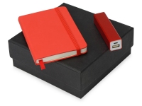 Подарочный набор To go с блокнотом А6 и зарядным устройством, красный, блокнот - картон с покрытием из полиуретана, имитирующего кожу, портативное зарядное устройство - металл