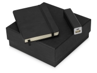 Подарочный набор To go с блокнотом А6 и зарядным устройством, черный, блокнот - картон с покрытием из полиуретана, имитирующего кожу, портативное зарядное устройство - металл