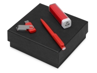 Подарочный набор On-the-go с флешкой, ручкой и зарядным устройством, красный/белый/серебристый, ручка шариковая - пластик, USB-флешка - пластик с покрытием soft-touch\металл, портативное зарядное устройство - пластик