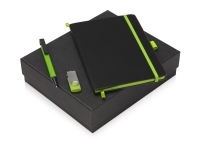 Подарочный набор «Q-edge» с флешкой, ручкой-подставкой и блокнотом А5, черный/зеленый, блокнот - ПУ, ручка-подставка - металл/пластик, USB-флешка - пластик с покрытием soft-touch/металл