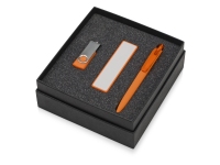 Подарочный набор Space Pro с флешкой, ручкой и зарядным устройством, оранжевый, белый, зарядное устройство- пластик, ручка- пластик с покрытием soft-touch, флешка- пластик с покрытием soft-touch/металл