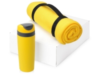 Подарочный набор Cozy с пледом и термокружкой, желтый/темно-серый/черный, плед - флис из 100% полиэстера, термокружка - пластик