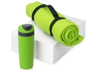 Подарочный набор Cozy с пледом и термокружкой, зеленый/темно-серый/черный, плед - флис из 100% полиэстера, термокружка - пластик