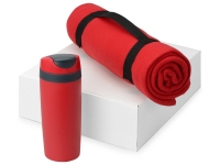 Подарочный набор Cozy с пледом и термокружкой, красный/темно-серый/черный, плед - флис из 100% полиэстера, термокружка - пластик