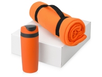 Подарочный набор Cozy с пледом и термокружкой, оранжевый/темно-серый/черный, плед - флис из 100% полиэстера, термокружка - пластик