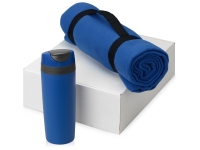 Подарочный набор Cozy с пледом и термокружкой, синий/темно-серый/черный, плед - флис из 100% полиэстера, термокружка - пластик