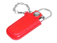 USB 2.0- флешка на 16 Гб в массивном корпусе с кожаным чехлом, красный/серебристый