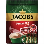 Кофе растворимый Jacobs "Крепкий", 3 в 1, порошкообразный, порционный, 50 пакетиков*12г, пакет