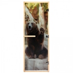Дверь из стекла с фотопечатью «Бурый медведь» 1,9х0,7 м, 8 мм, коробка из хвойных пород дерева, 3 п