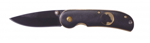 Нож складной Stinger, 70 мм (черный), рукоять: сталь/дерево (золот.-черн.), с клипом, коробка картон