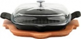 Сковородв квадратная с двумя ручками и стеклянной крышкой деревянным подносом  26x26cm. LV ECO P GT 2626 K44