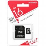 Карта памяти SmartBuy MicroSDHC 16GB UHS-1, Class 10, скорость чтения 30Мб/сек (c адаптером SD), SB16GBSDCL10-01