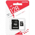 Карта памяти SmartBuy MicroSDXC 128GB UHS-1, Class 10, скорость чтения 90Мб/сек (с адаптером SD), SB128GBSDCL10-01