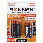 Батарейки аккумуляторные Ni-Mh пальчиковые / мизинчиковые НАБОР 8 шт. (AA+ААА) 2700/1000 mAh, SONNEN, 455612