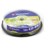 Диски CD-RW VERBATIM 700 Mb 12х Cake Box (упаковка на шпиле), КОМПЛЕКТ 10 шт., 43480