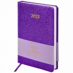 Ежедневник датированный 2023 А5 138x213 мм BRAUBERG "Sparkle", под кожу, блестки, фиолетовый, 114112