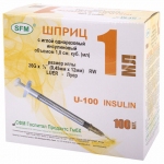 Шприц инсулиновый SFM, 1 мл, КОМПЛЕКТ 100 шт., в коробке, U-100 игла 0,45х12 мм - 26G, 534208