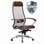 Кресло офисное МЕТТА "SAMURAI" SL-1.04, сверхпрочная ткань-сетка/рециклированная кожа, темно-коричневое