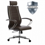 Кресло офисное МЕТТА "К-32" хром, рецик. кожа, подголовник, сиденье и спинка мягкие, темно-коричневое