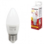 Лампа светодиодная SONNEN, 5 (40) Вт, цоколь E27, свеча, теплый белый свет, 30000 ч, LED C37-5W-2700-E27, 453707