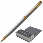 Ручка шариковая PARKER "Sonnet Core Stainless Steel GT Slim", тонкая, корпус серебристый, позолоченные детали, черная, 1931508