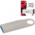 Флеш-диск 64 GB, KINGSTON DataTraveler SE9 G2, USB 3.0, металлический корпус, серебристый, DTSE9G2/64GB