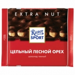 Шоколад RITTER SPORT "Extra Nut", темный, с цельным лесным орехом, 100 г, Германия, 7026